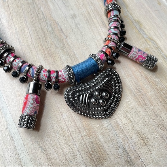Tribal Boho Fabric, String and Metal Necklace - Picture 3 of 10